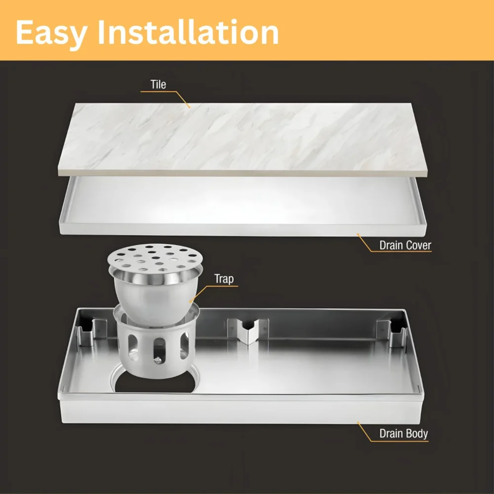 Tile Insert Shower Drain Channel | Waste Water Floor Drain for 13mm Tile | 304 Stainless Steel Invisible Cockroach Trap and Side Hole 24×4 Inches - Image 5