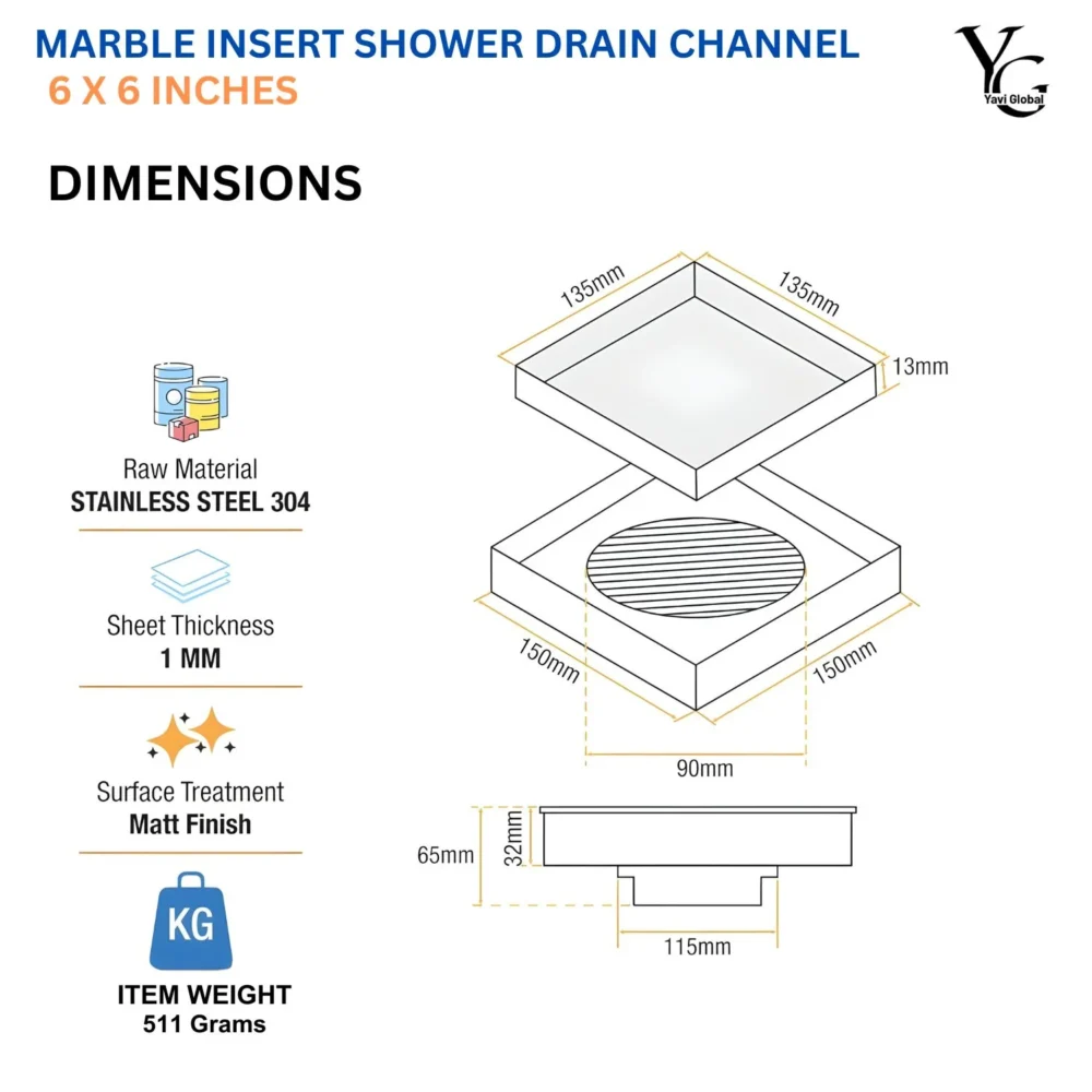 Tile Insert Square Floor Drainer | Steel Square Tile Insert | Shower Water Drain Channel/Waste Water Floor Drain | With Stainless Steel Trap 6×6 Inches - Image 3