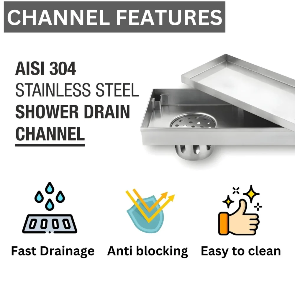 Tile Insert Shower Drain Channel PREMIUM QUALITY SS304 GRADE | Waste Water Floor Drain for 13mm Tile | 304 Stainless Steel Invisible Cockroach Trap and Side Hole 12×4 Inches - Image 5