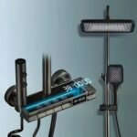 4 Function Shower Set WITH BRASS PANEL Digital Display WITH LED LIGHT Wall Mount Thermostatic Mixer Hot & Cold Shower system|Rainfall Mixer Single Lever|Jet Spray,Overhead Shower For Bathrooms (Digital Led Black)