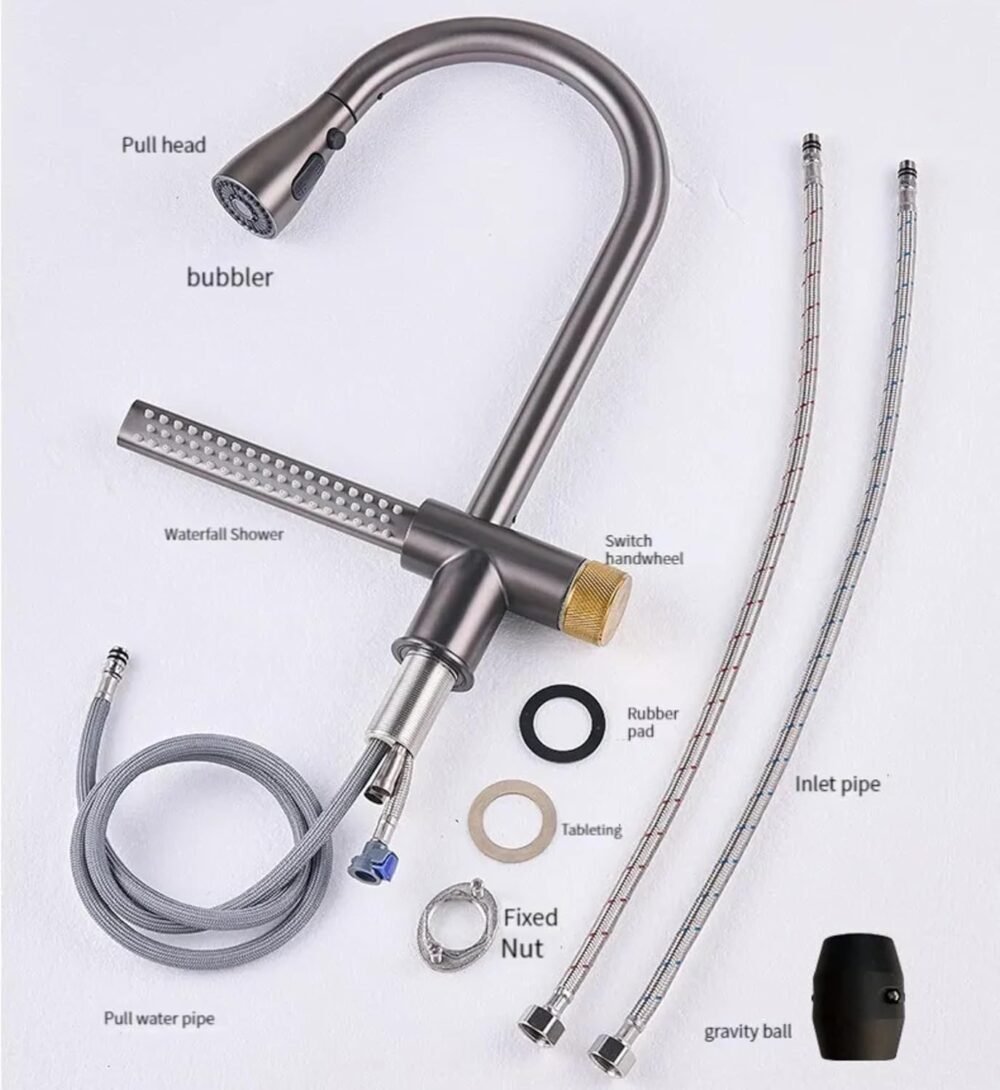 Kitchen faucets with Pull Down Sprayer with Waterfall Shower Stainless Steel Single Hole Hot and Cold Water Swivel Pull Down Kitchen Faucet (Black) - Image 4