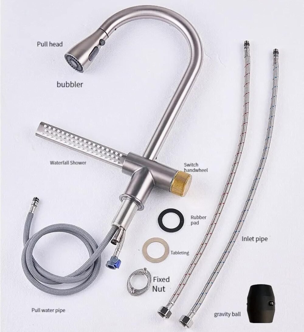 Kitchen Faucets with Pull Down Sprayer with Waterfall Shower Stainless Steel Single Hole Hot and Cold Water Swivel Pull Down Kitchen Faucet (Silver) - Image 7