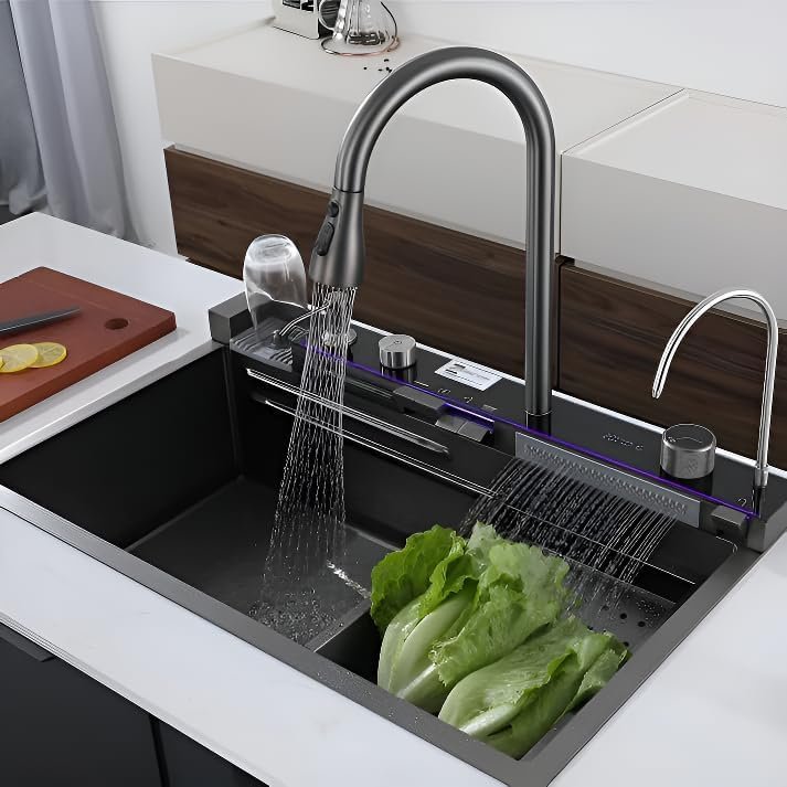 Piano Waterfall 30x18x9 inches Nano Single Bowl Kitchen Sink with Digital Display and Pull-out Faucet | RO Tap, Handmade Premium multifunctional sink