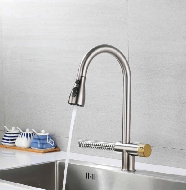 Kitchen faucets with Pull Down Sprayer with Waterfall Shower Stainless Steel Single Hole Hot and Cold Water Swivel Pull Down Kitchen Faucet (Black) - matt