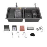 46"x18"x10" Double Bowl Waterfall Kitchen Sink Honeycomb Embossed Sink with Black Nano Coating, Stainless Steel, Rectangular Workstation, Faucet With Included All Accessories. (Black)