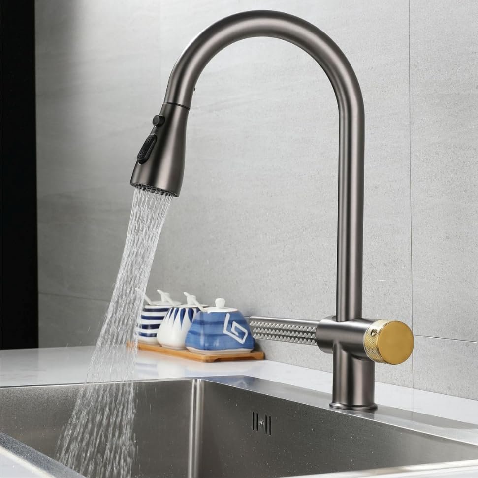 Kitchen faucets with Pull Down Sprayer with Waterfall Shower Stainless Steel Single Hole Hot and Cold Water Swivel Pull Down Kitchen Faucet (Black) - black