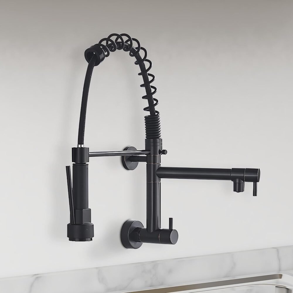 Designer Sink Faucet Brass Wall Mount Sink Tap with 2 Spout/Double Handle High Arc (360 Degree) Spring Pull Out Tap for Kitchen Sink (Black)
