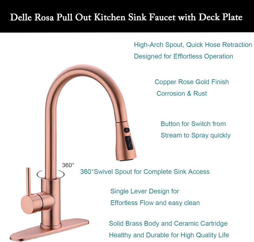 Kitchen Faucet, Copper Rose Gold Kitchen Faucet, Kitchen Faucet with Pull Down Sprayer, 304 Stainless Steel Kitchen Faucet - Image 5