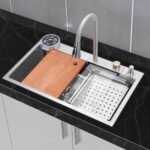 304 Grade 30x18x9 inches piano design waterfall sink silver Antiscratch Single Bowl Kitchen Sink with Pull-out Faucet | RO Tap, Handmade Premium Pull Down Faucet with Steel Tray and Complete Accessories (matt)