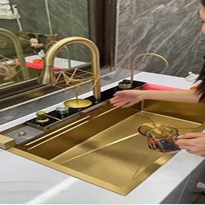 Kitchen Sink with Digital Display and Pull-out Faucet | RO Tap, Handmade Premium multifunctional Golden sink